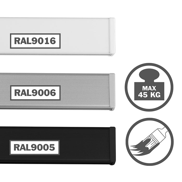 STAS cliprail pro feature: heavy-duty design holds 45kg/m while providing sleek art hanging ideas.