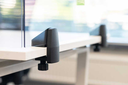 STAS desk clamp for safe plexiglass screen installs on desks, for edges and fits height-adjustable desks.