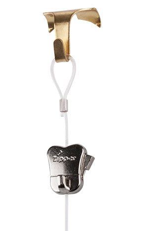 STAS moulding hook + zipper, supports up to 33 lbs on picture rail systems.