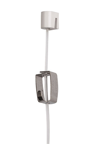 STAS j-rail cylinder hook designed for adaptable art hanging using perlon cord or steel cable.